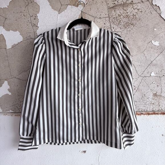 Vtg 70s Puff Sleeve Blouse Striped Button Up Shirt Womens M French Girl Classic - Picture 1 of 7